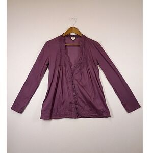 Boho Converse One Star Womens XS Plum Purple Smocked Ruffle Button Front Blouse